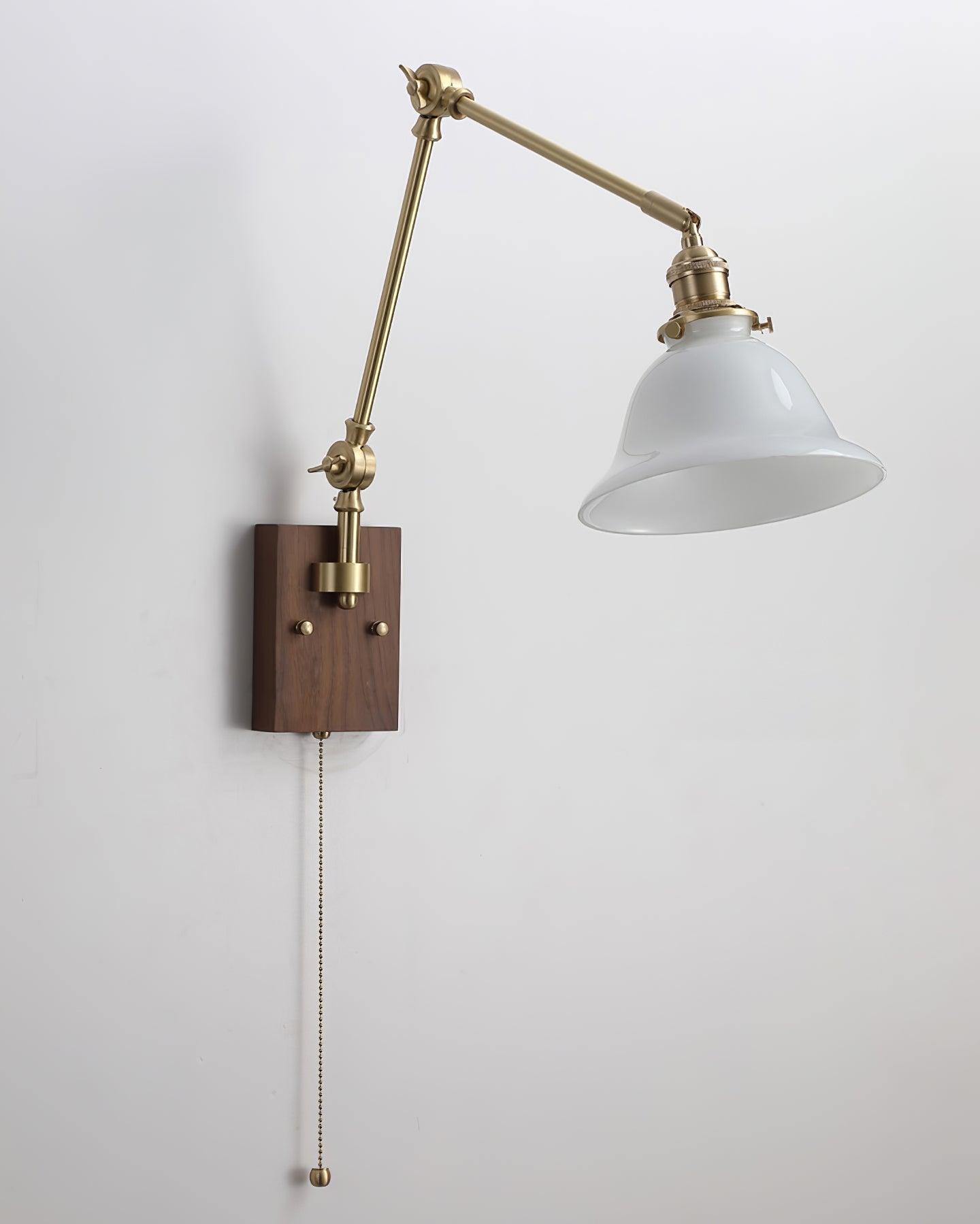 Wall Lamp Brass and Glass Shade Walnut Wood Base Adjustable Arm Vintage - Lamp Copper