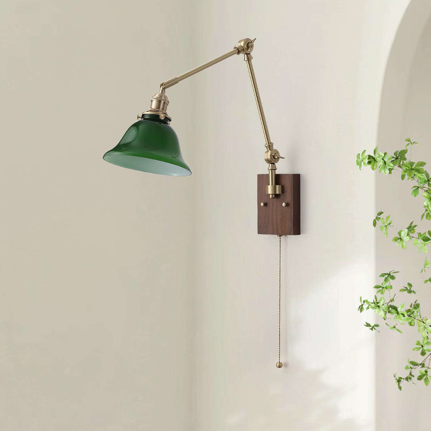 Wall Lamp Brass and Glass Shade Walnut Wood Base Adjustable Arm Vintage - Lamp Copper