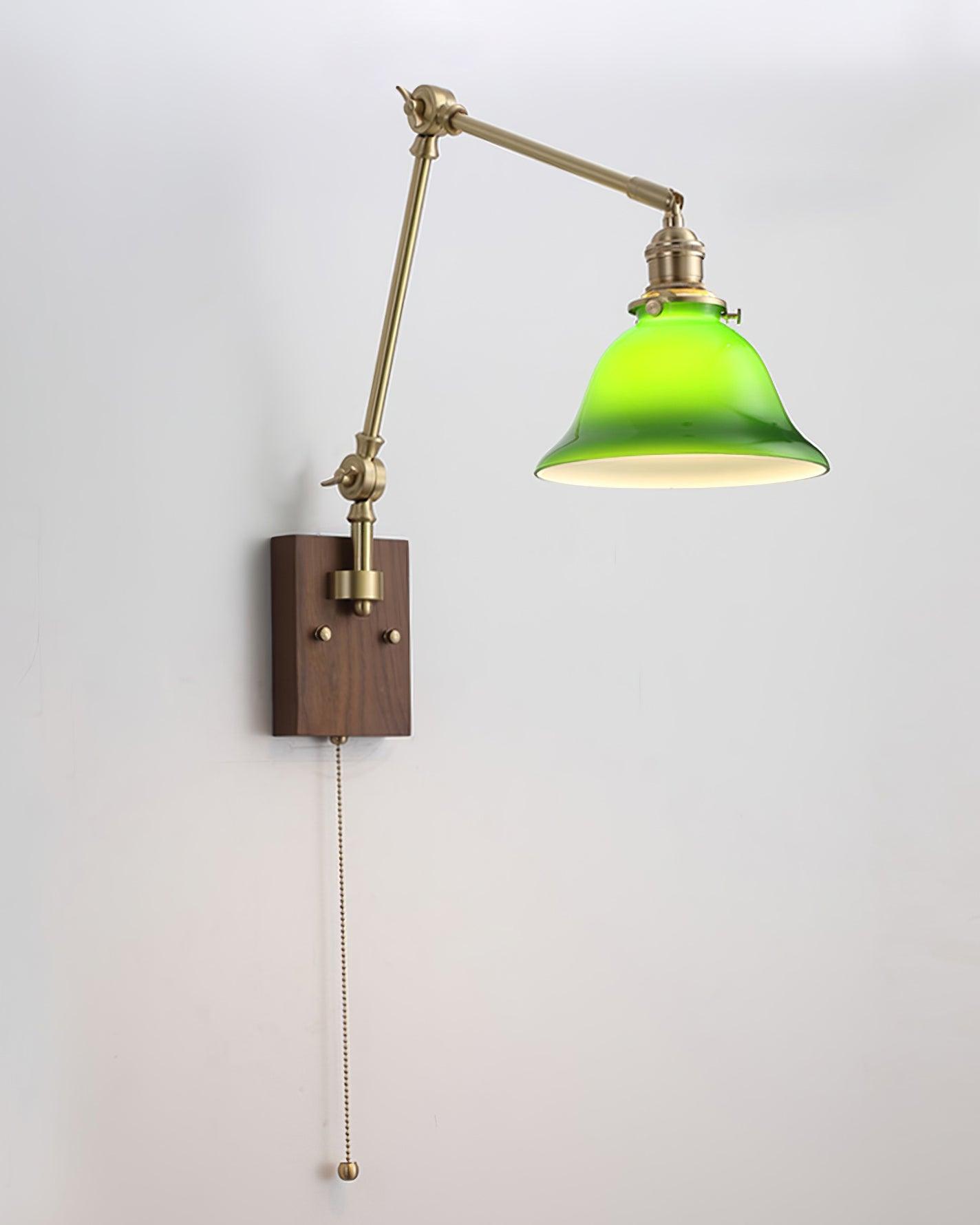 Wall Lamp Brass and Glass Shade Walnut Wood Base Adjustable Arm Vintage - Lamp Copper