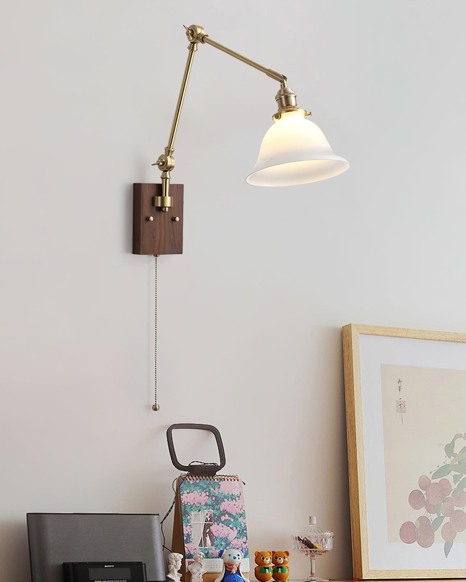 Wall Lamp Brass and Glass Shade Walnut Wood Base Adjustable Arm Vintage - Lamp Copper
