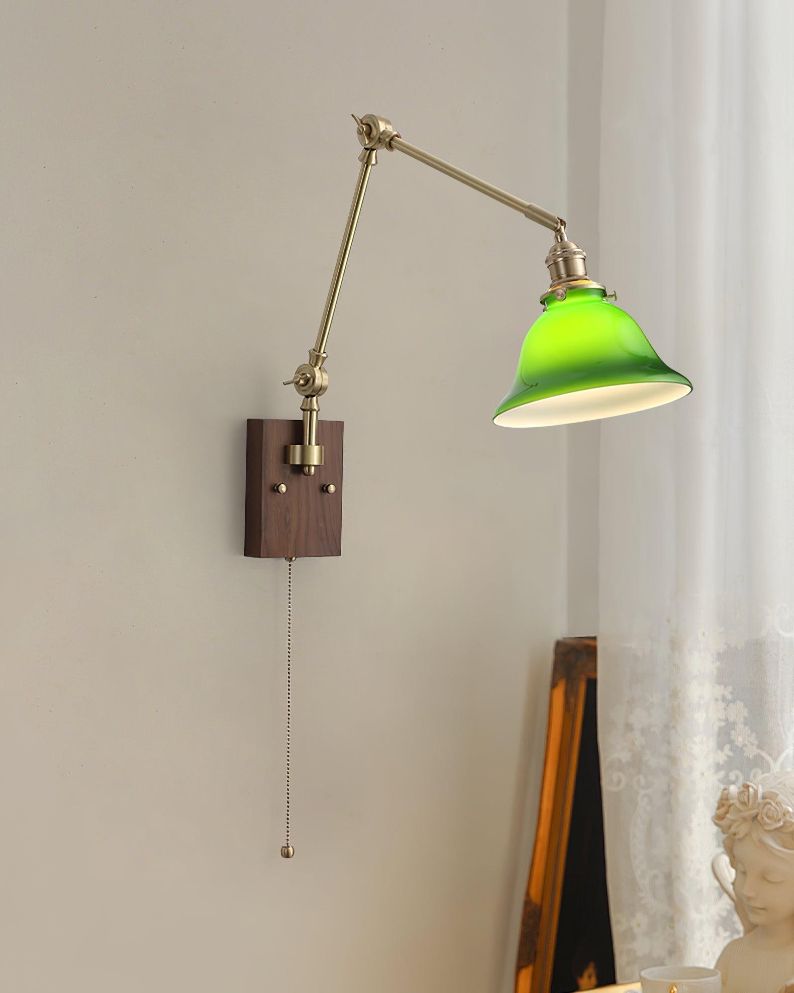 Wall Lamp Brass and Glass Shade Walnut Wood Base Adjustable Arm Vintage - Lamp Copper