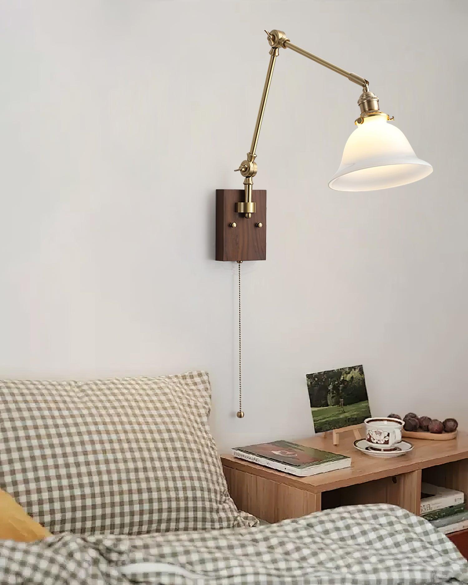 Wall Lamp Brass and Glass Shade Walnut Wood Base Adjustable Arm Vintage - Lamp Copper