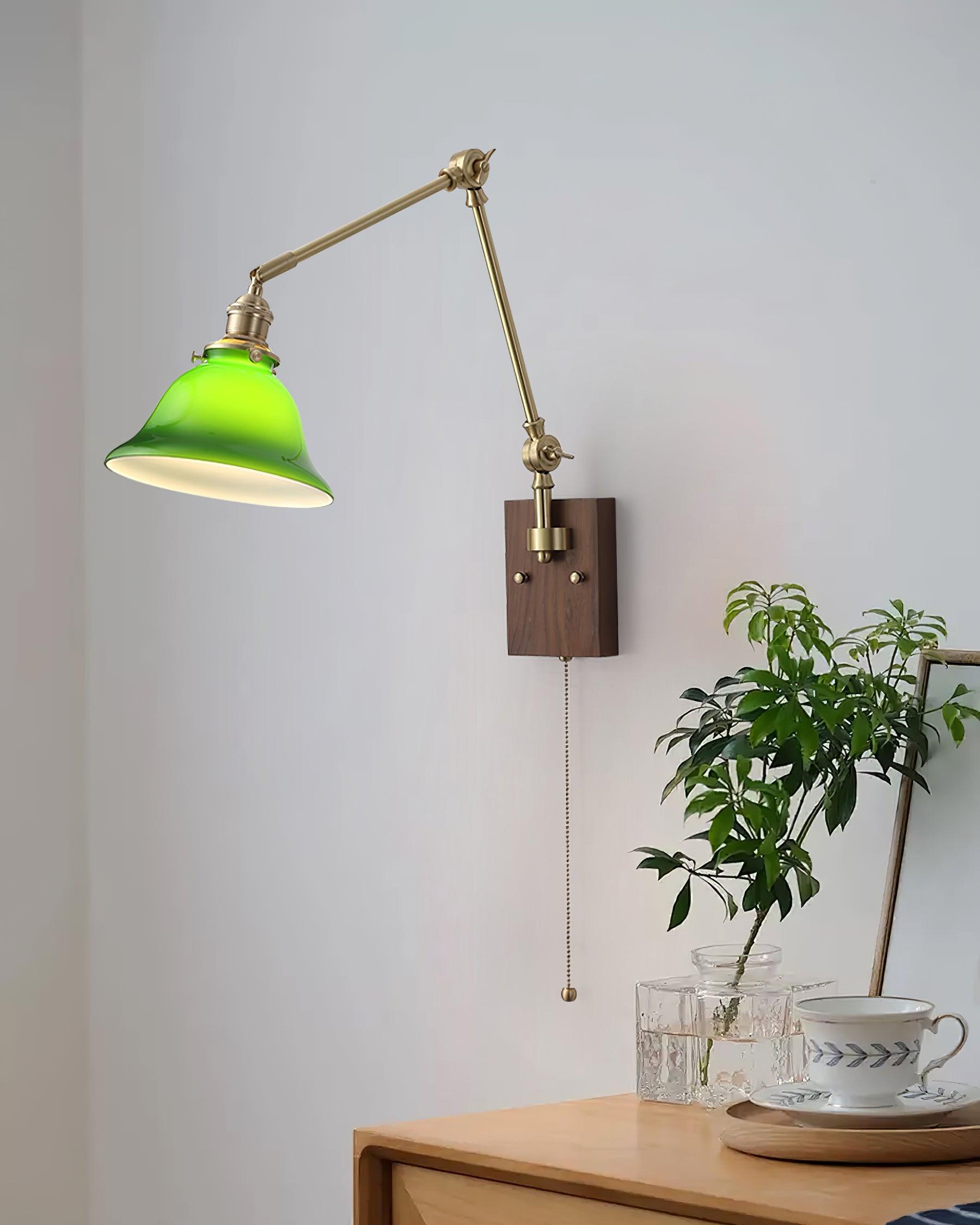 Wall Lamp Brass and Glass Shade Walnut Wood Base Adjustable Arm Vintage - Lamp Copper