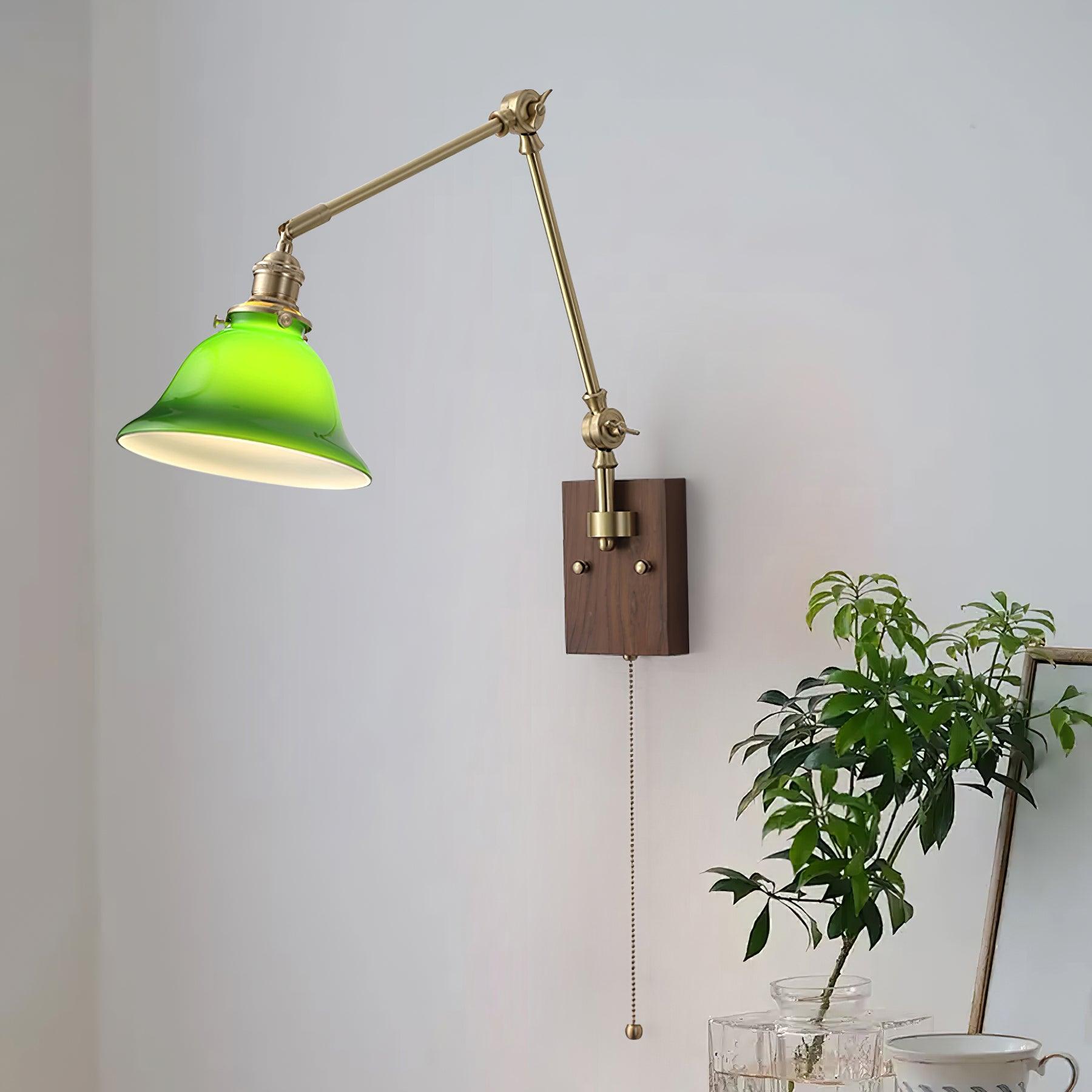 Wall Lamp Brass and Glass Shade Walnut Wood Base Adjustable Arm Vintage - Lamp Copper