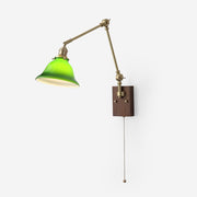 Wall Lamp Brass and Glass Shade Walnut Wood Base Adjustable Arm Vintage - Lamp Copper