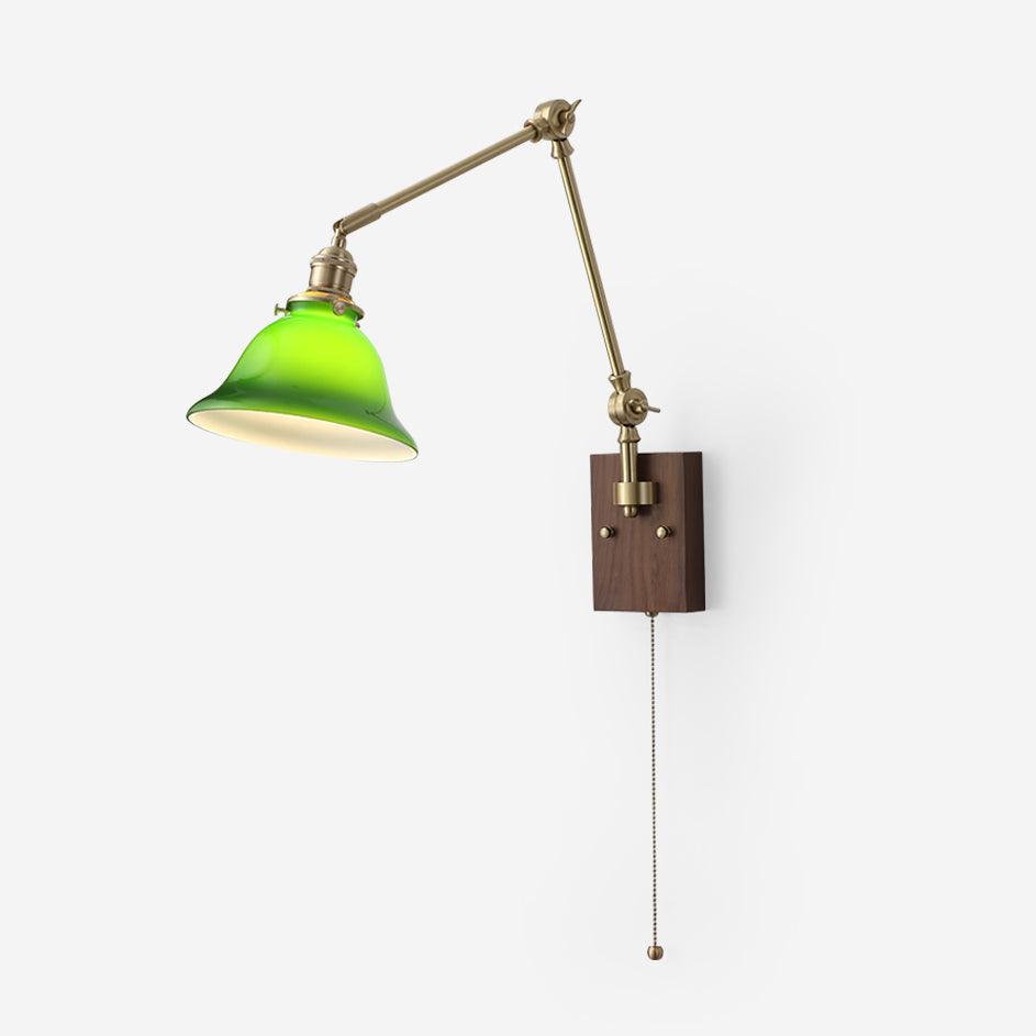 Wall Lamp Brass and Glass Shade Walnut Wood Base Adjustable Arm Vintage - Lamp Copper