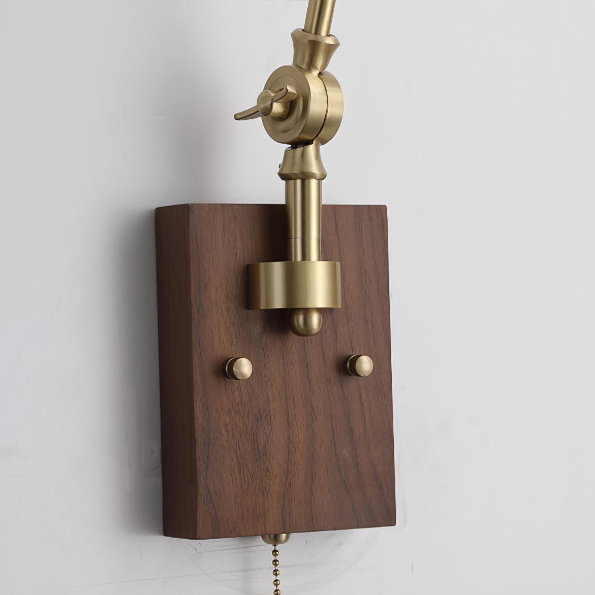 Wall Lamp Brass and Glass Shade Walnut Wood Base Adjustable Arm Vintage - Lamp Copper