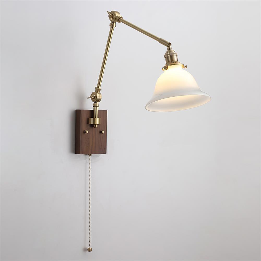 Wall Lamp Brass and Glass Shade Walnut Wood Base Adjustable Arm Vintage - Lamp Copper
