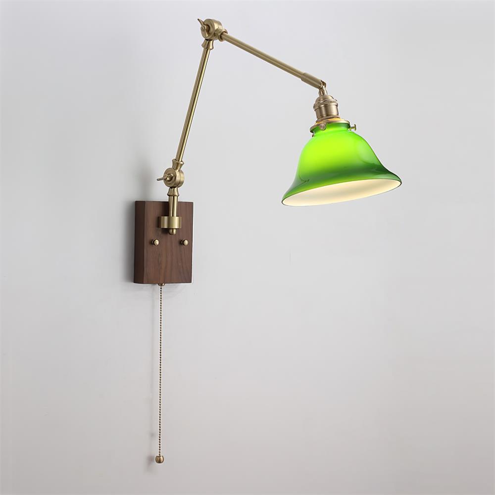 Wall Lamp Brass and Glass Shade Walnut Wood Base Adjustable Arm Vintage - Lamp Copper