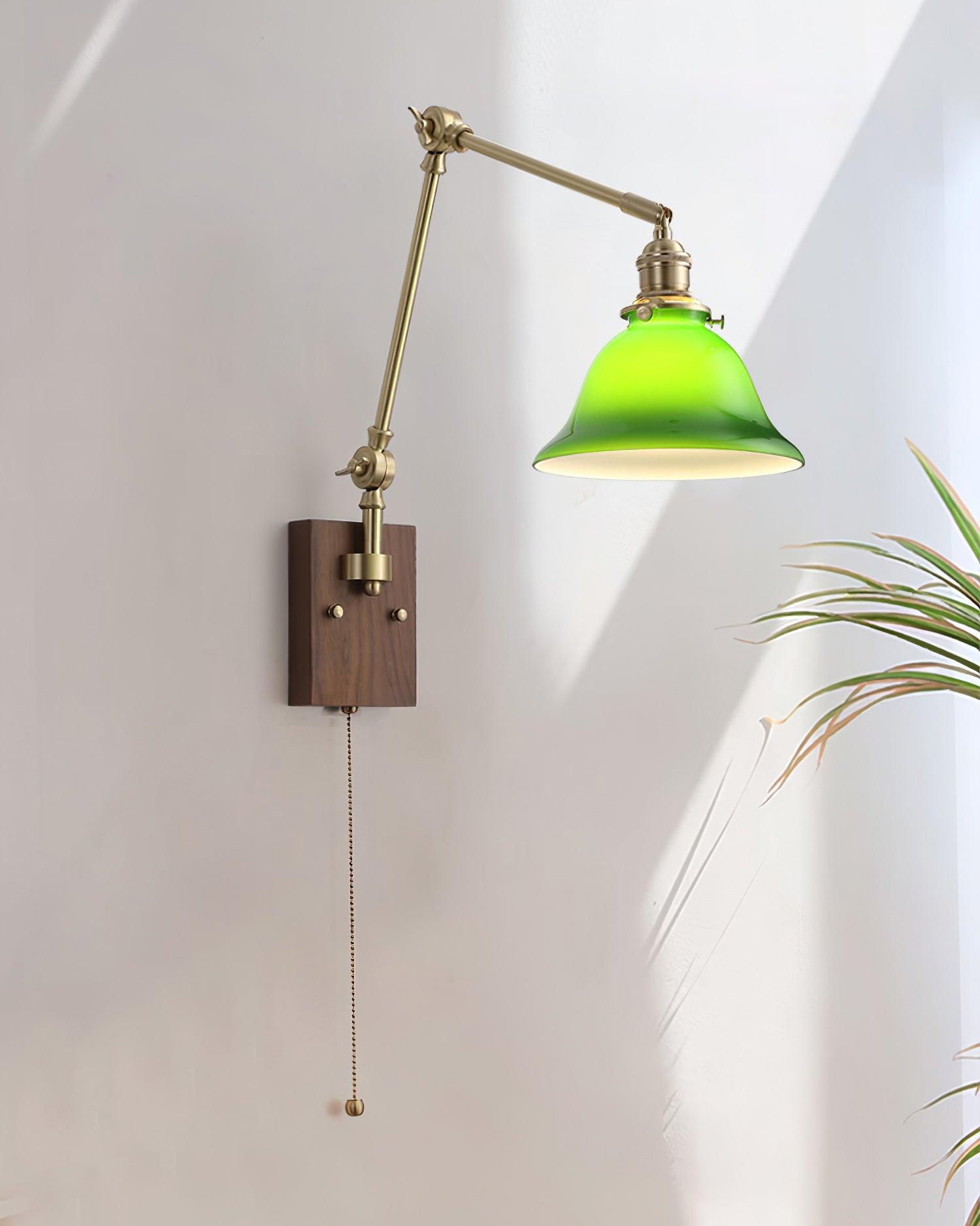 Wall Lamp Brass and Glass Shade Walnut Wood Base Adjustable Arm Vintage - Lamp Copper
