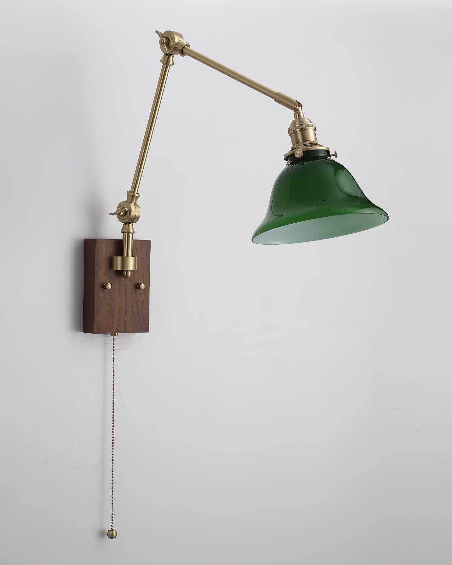 Wall Lamp Brass and Glass Shade Walnut Wood Base Adjustable Arm Vintage - Lamp Copper