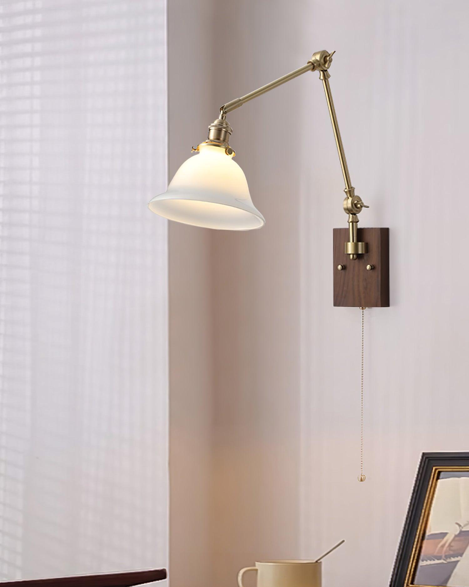 Wall Lamp Brass and Glass Shade Walnut Wood Base Adjustable Arm Vintage - Lamp Copper