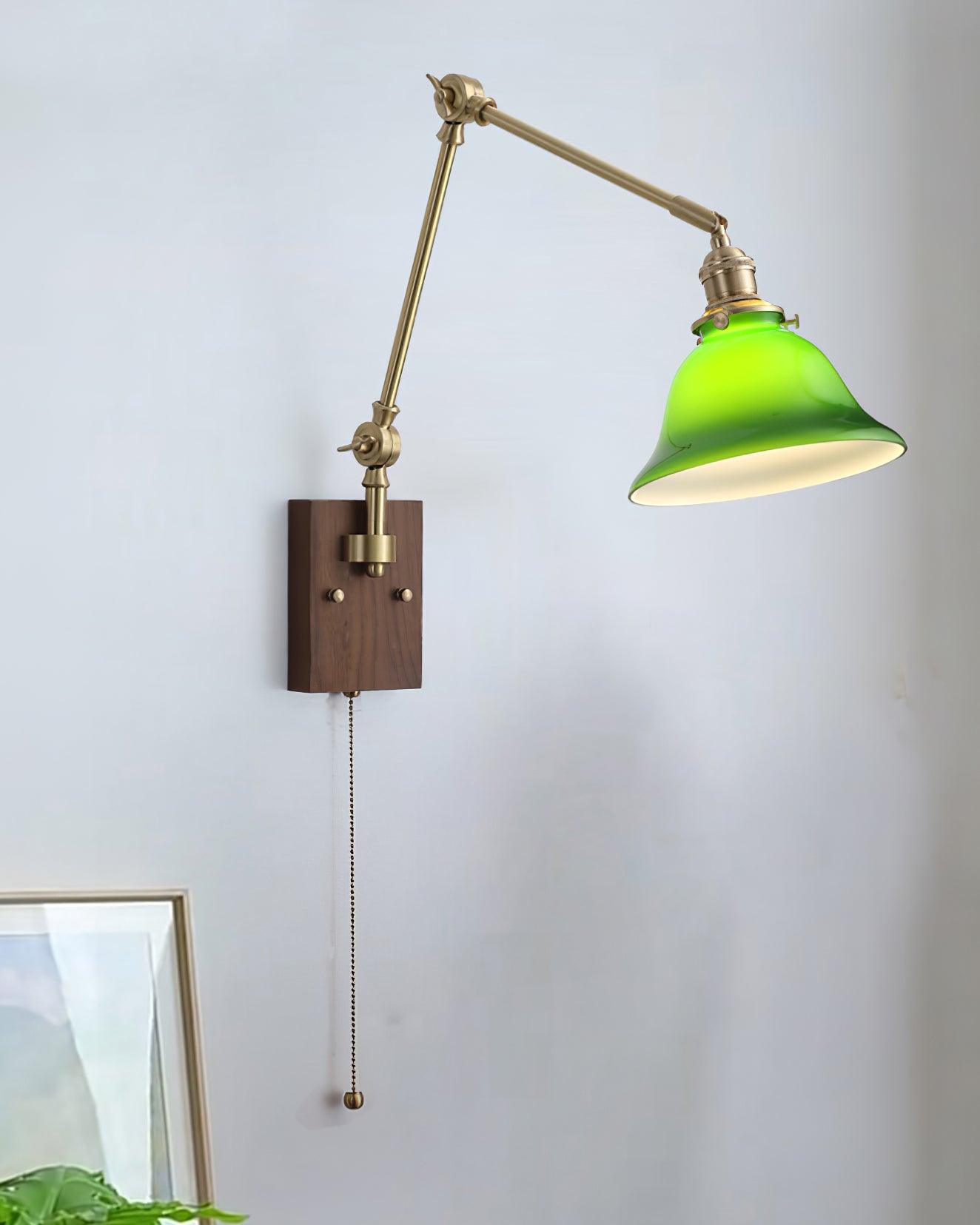 Wall Lamp Brass and Glass Shade Walnut Wood Base Adjustable Arm Vintage - Lamp Copper