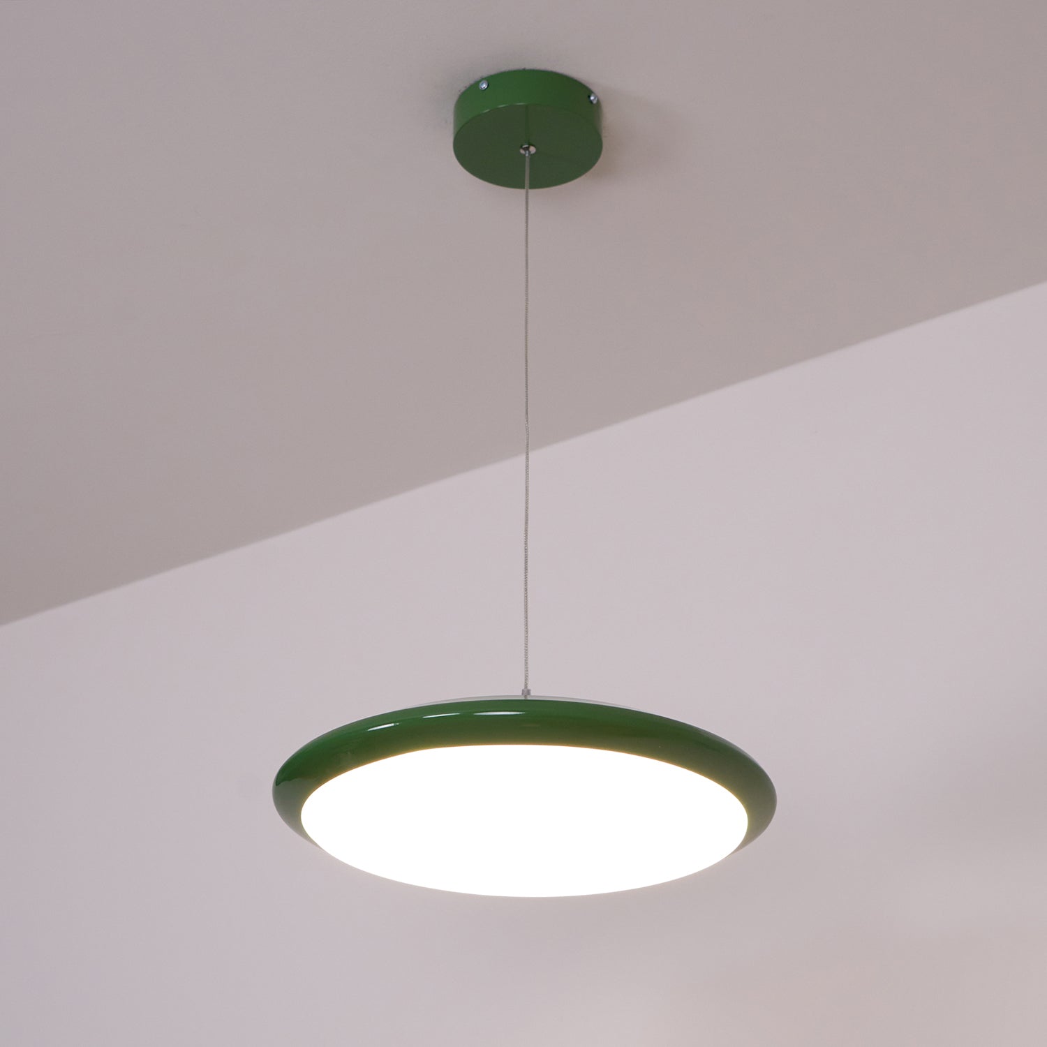 Pendant Lamp White Disc Green Trim Red Bold - Lamp Copper