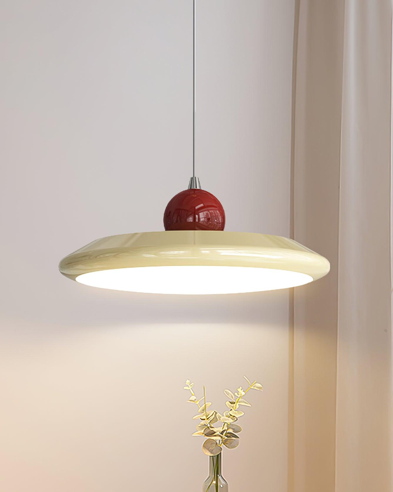 Pendant Lamp White Disc Green Trim Red Bold - Lamp Copper
