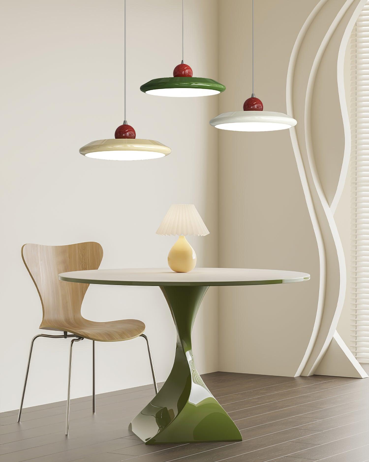 Pendant Lamp White Disc Green Trim Red Bold - Lamp Copper