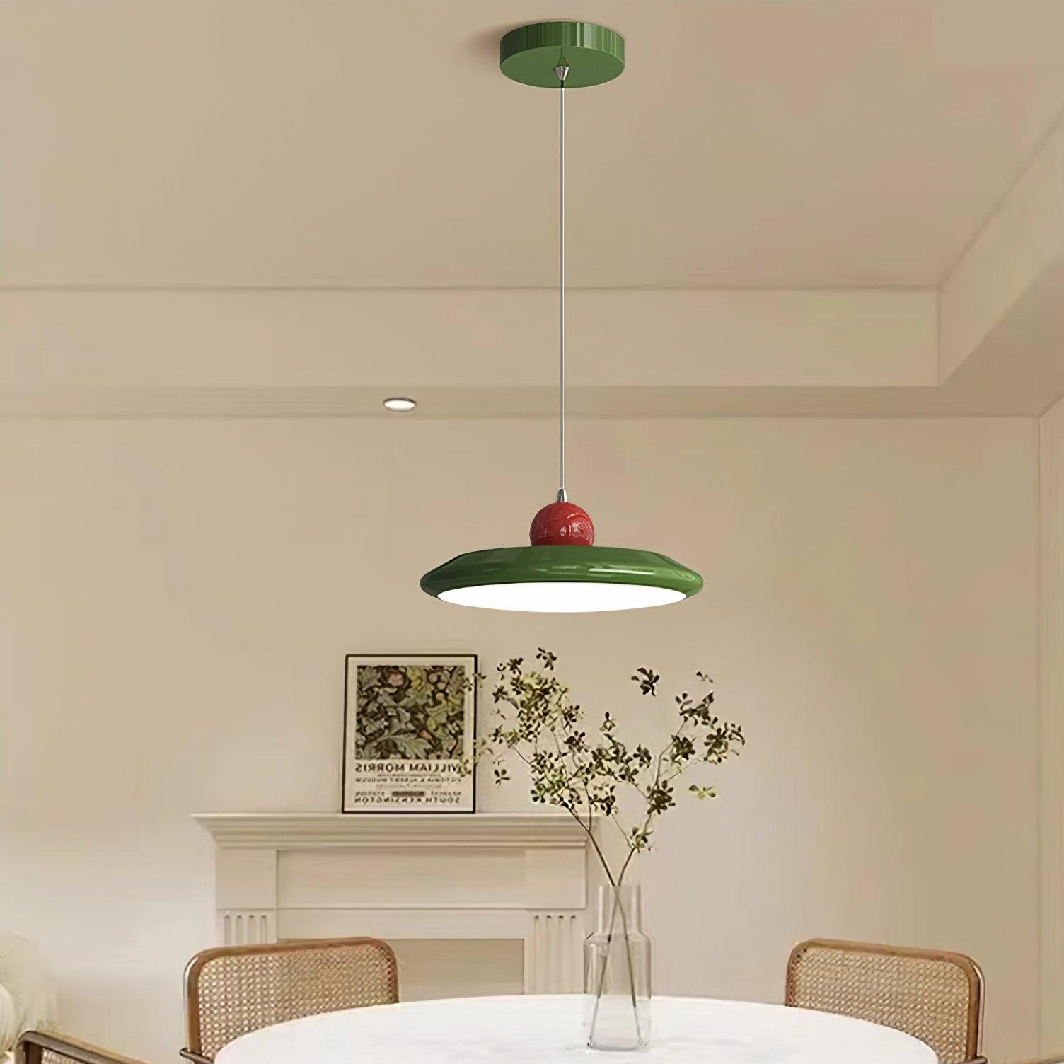 Pendant Lamp White Disc Green Trim Red Bold - Lamp Copper