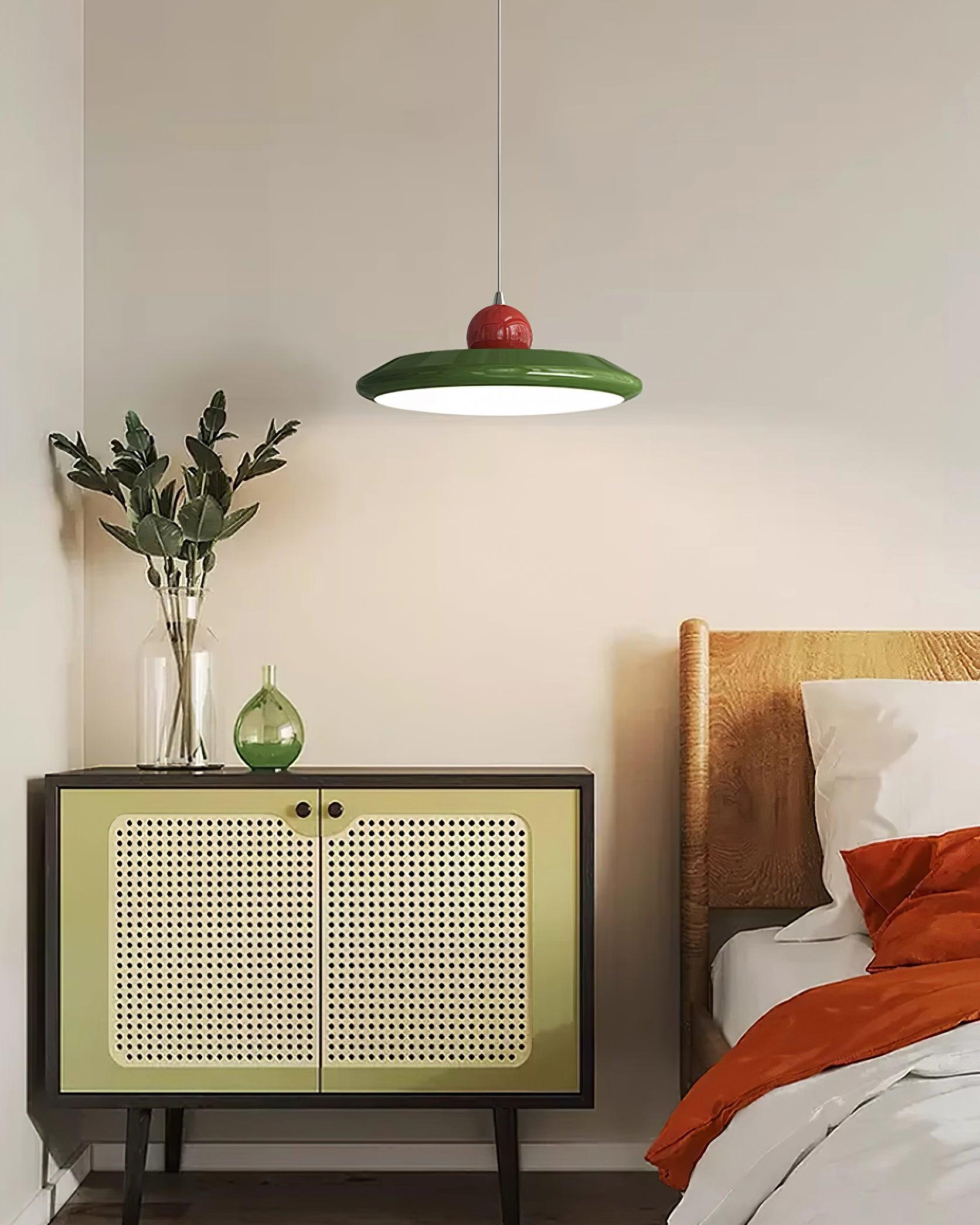 Pendant Lamp White Disc Green Trim Red Bold - Lamp Copper