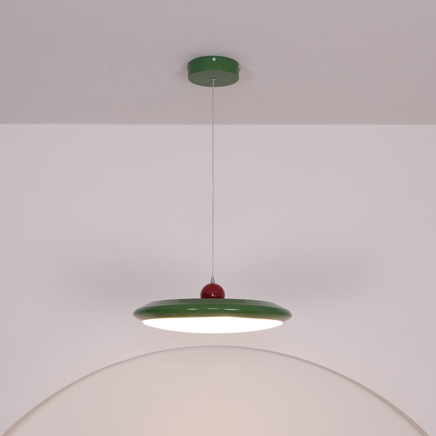 Pendant Lamp White Disc Green Trim Red Bold - Lamp Copper