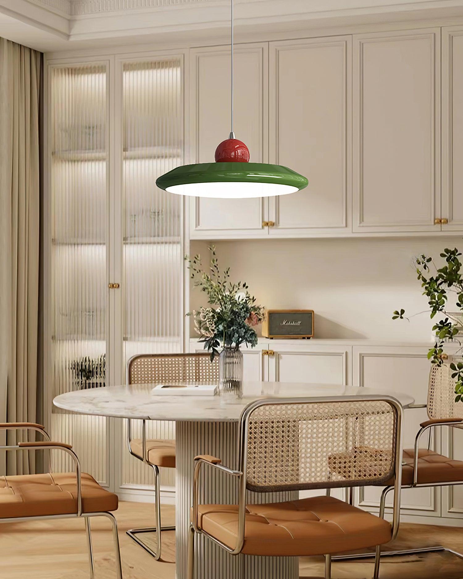 Pendant Lamp White Disc Green Trim Red Bold - Lamp Copper