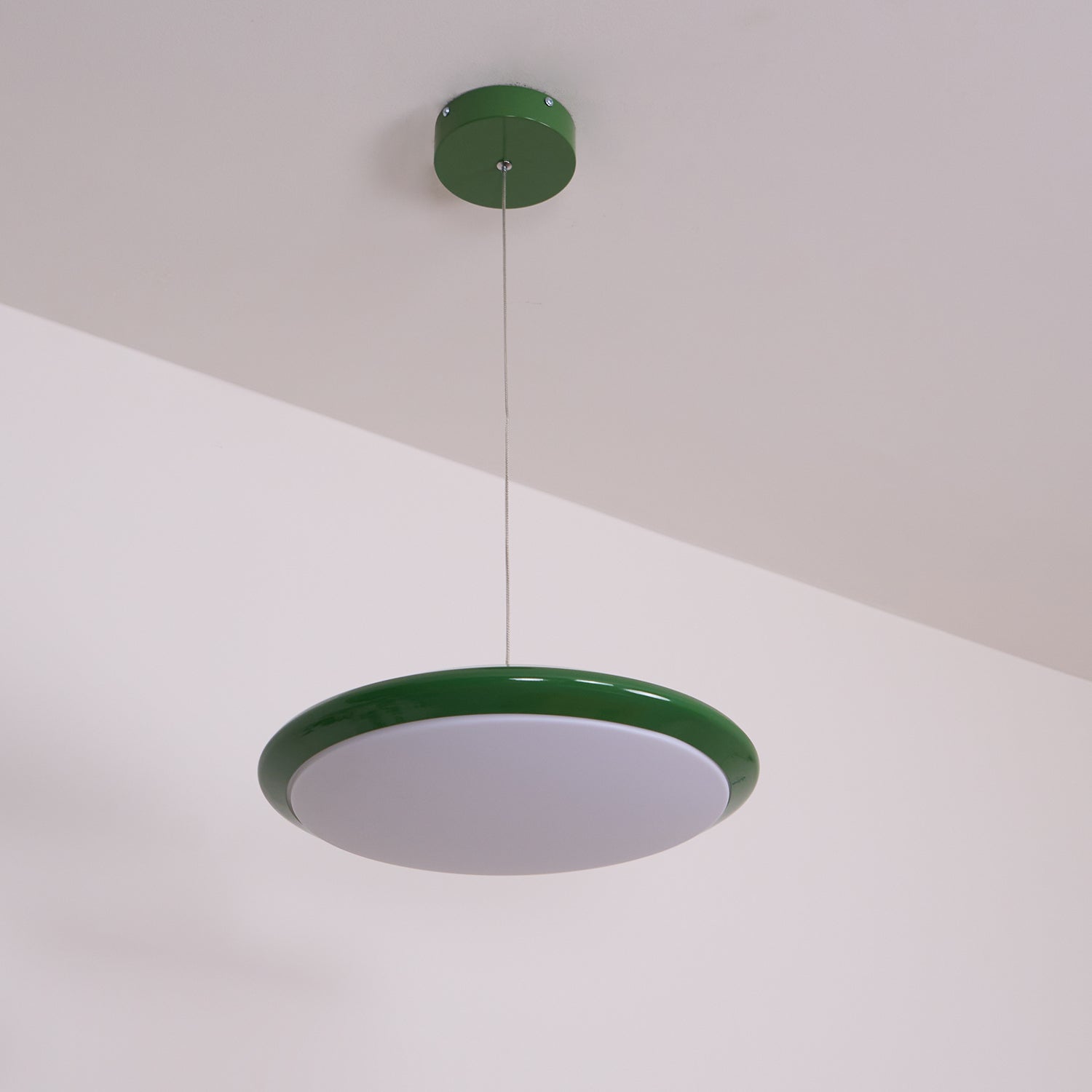 Pendant Lamp White Disc Green Trim Red Bold - Lamp Copper