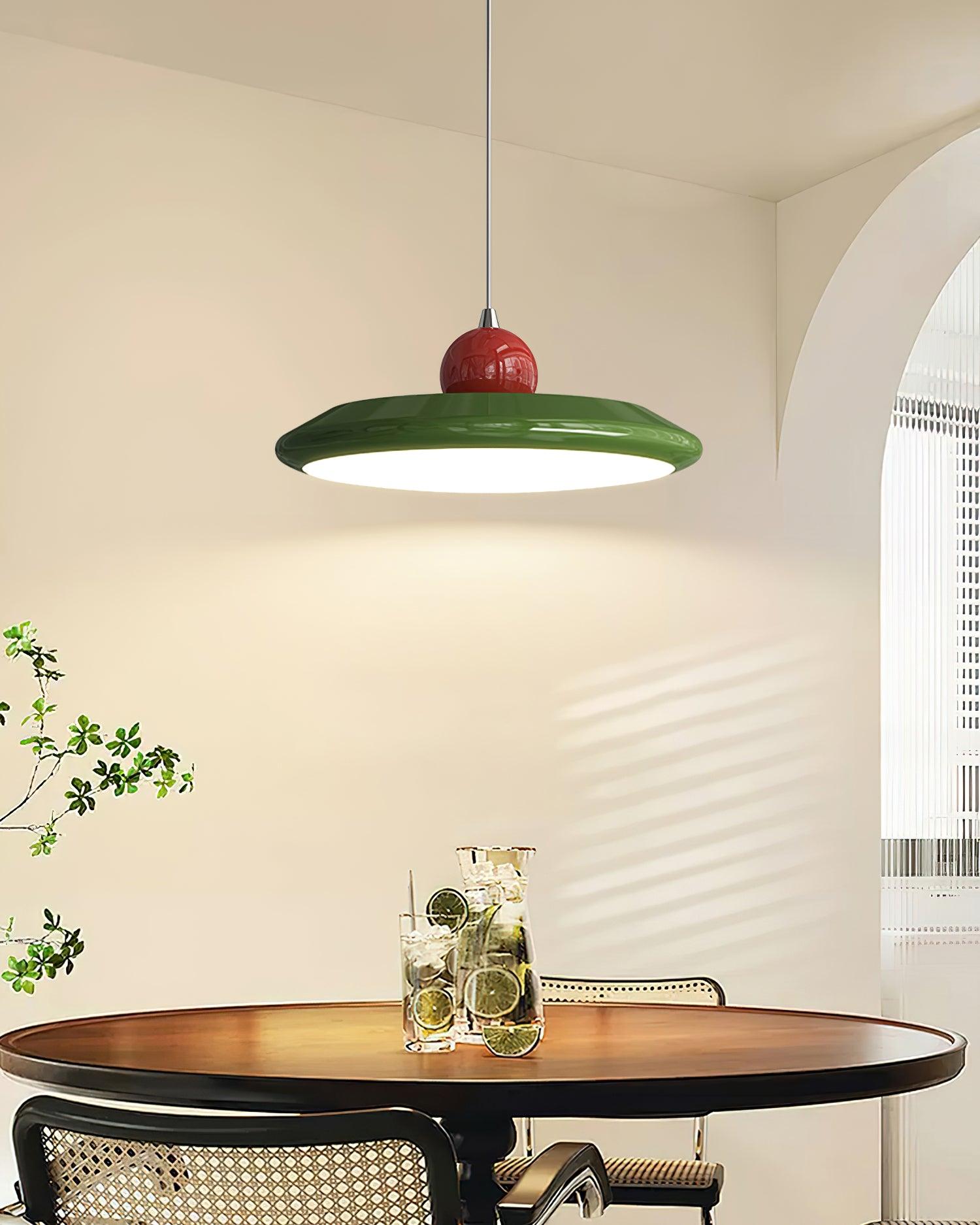 Pendant Lamp White Disc Green Trim Red Bold - Lamp Copper