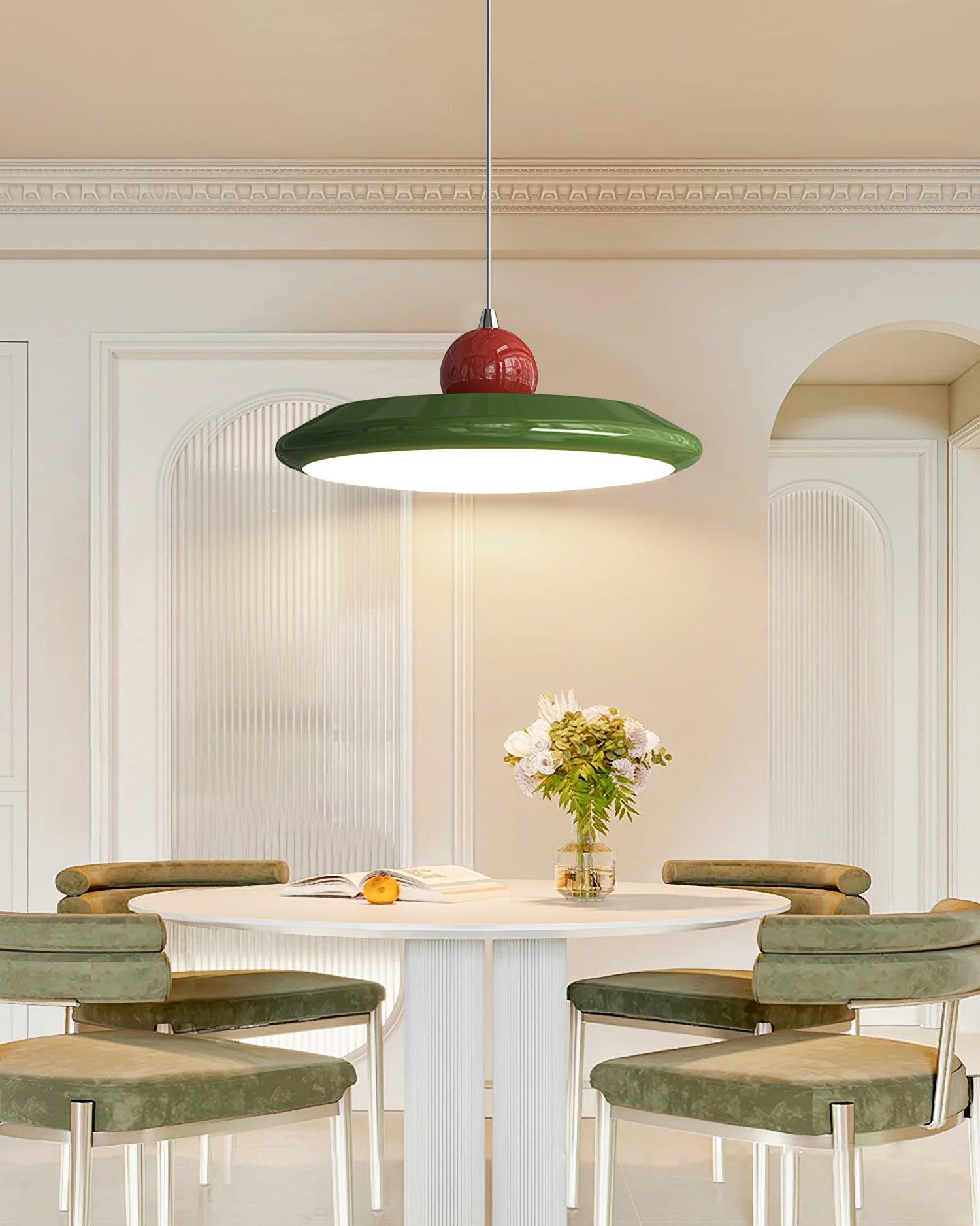 Pendant Lamp White Disc Green Trim Red Bold - Lamp Copper