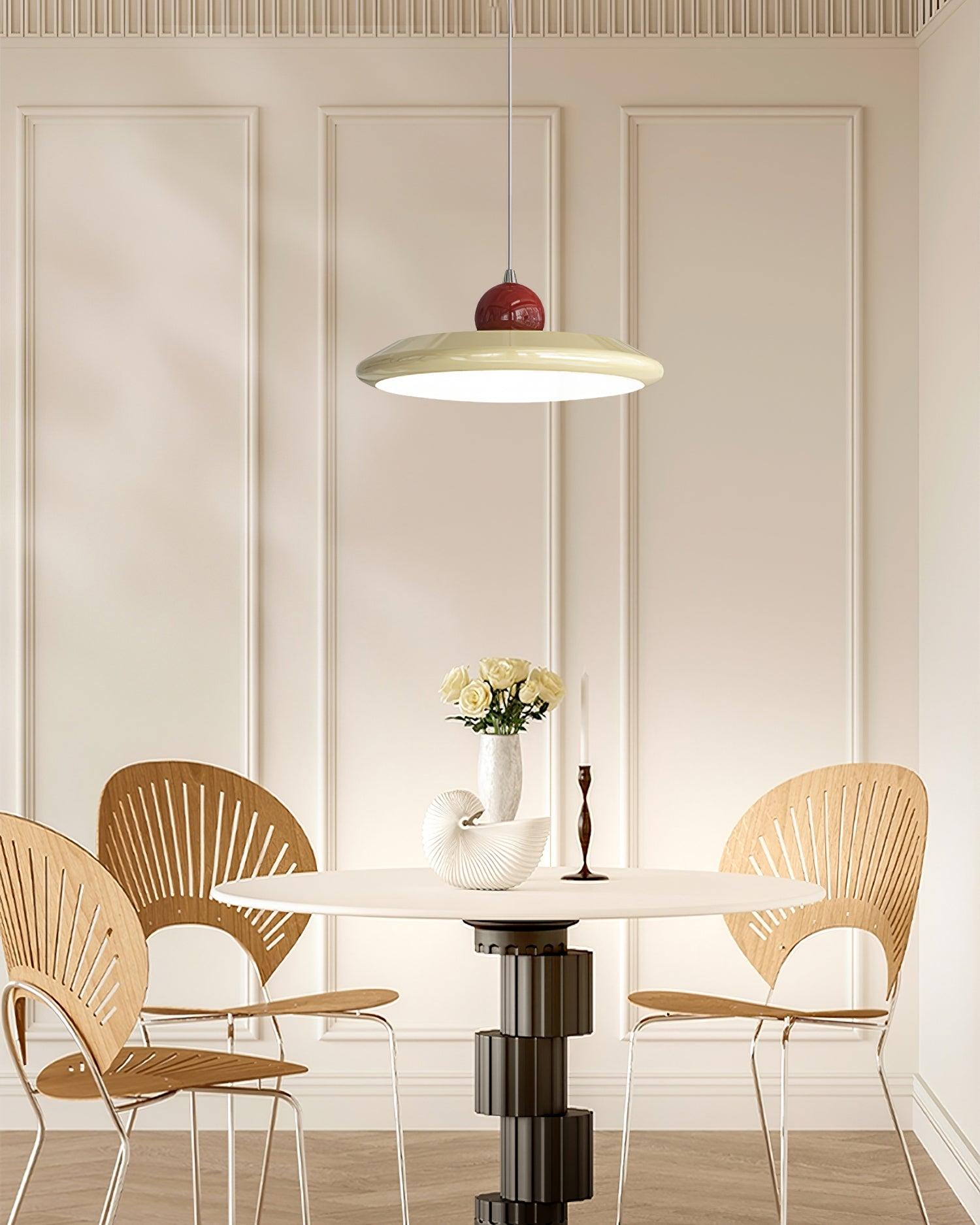 Pendant Lamp White Disc Green Trim Red Bold - Lamp Copper