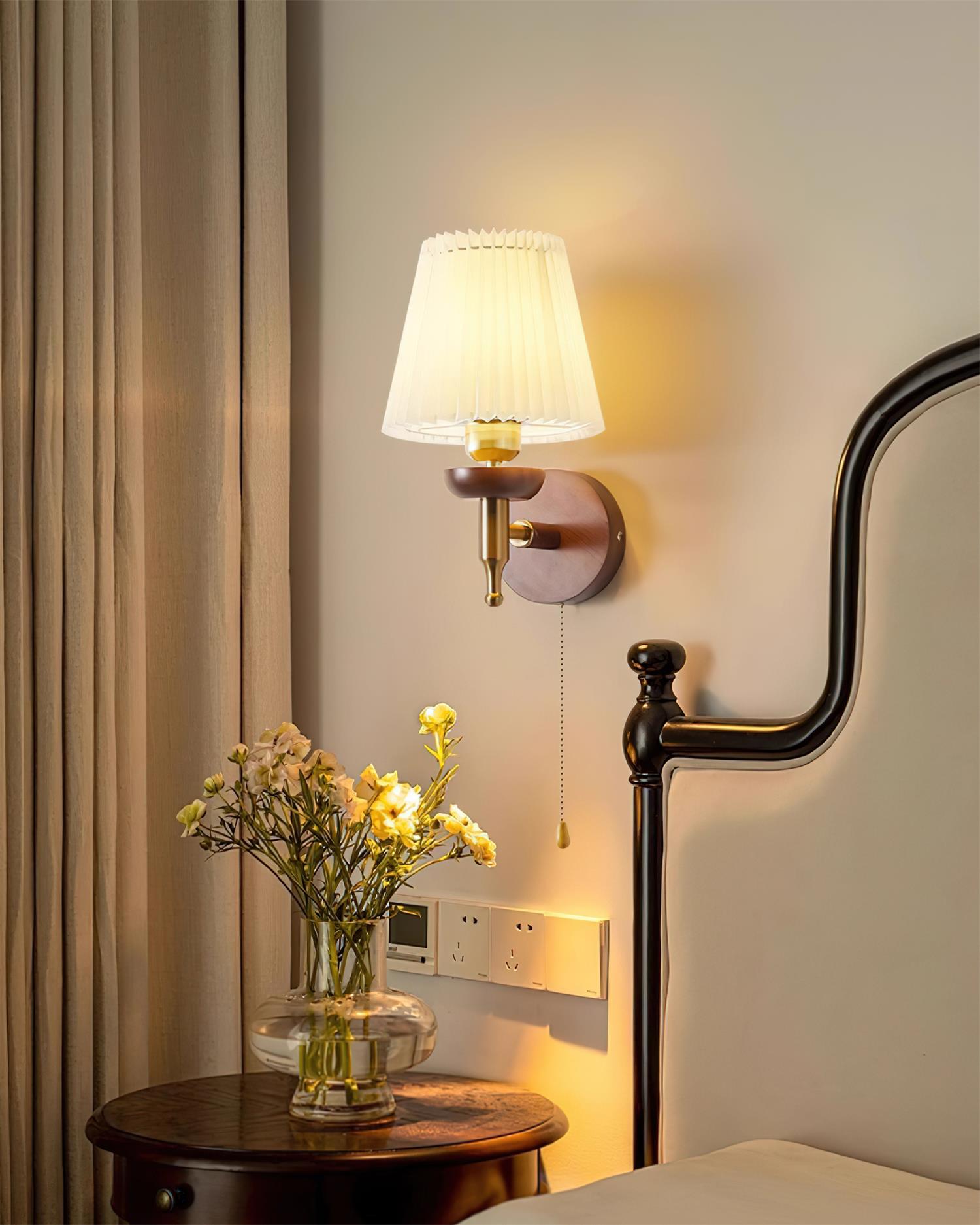 Wall Lamp Fabric Shade Modern Classic Gold Walnut Sconce Bedroom - Lamp Copper