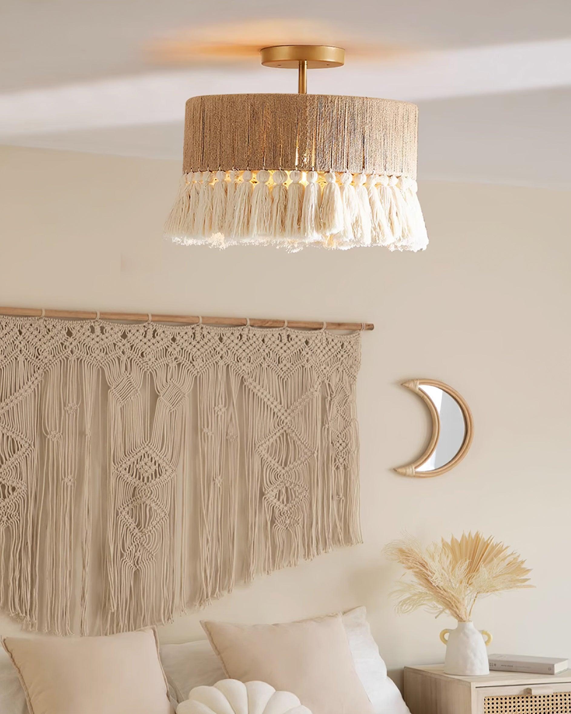 Pendant Lamp Cotton Yarn Shade Ruffled Fringe Boho Handmade - Lamp Copper