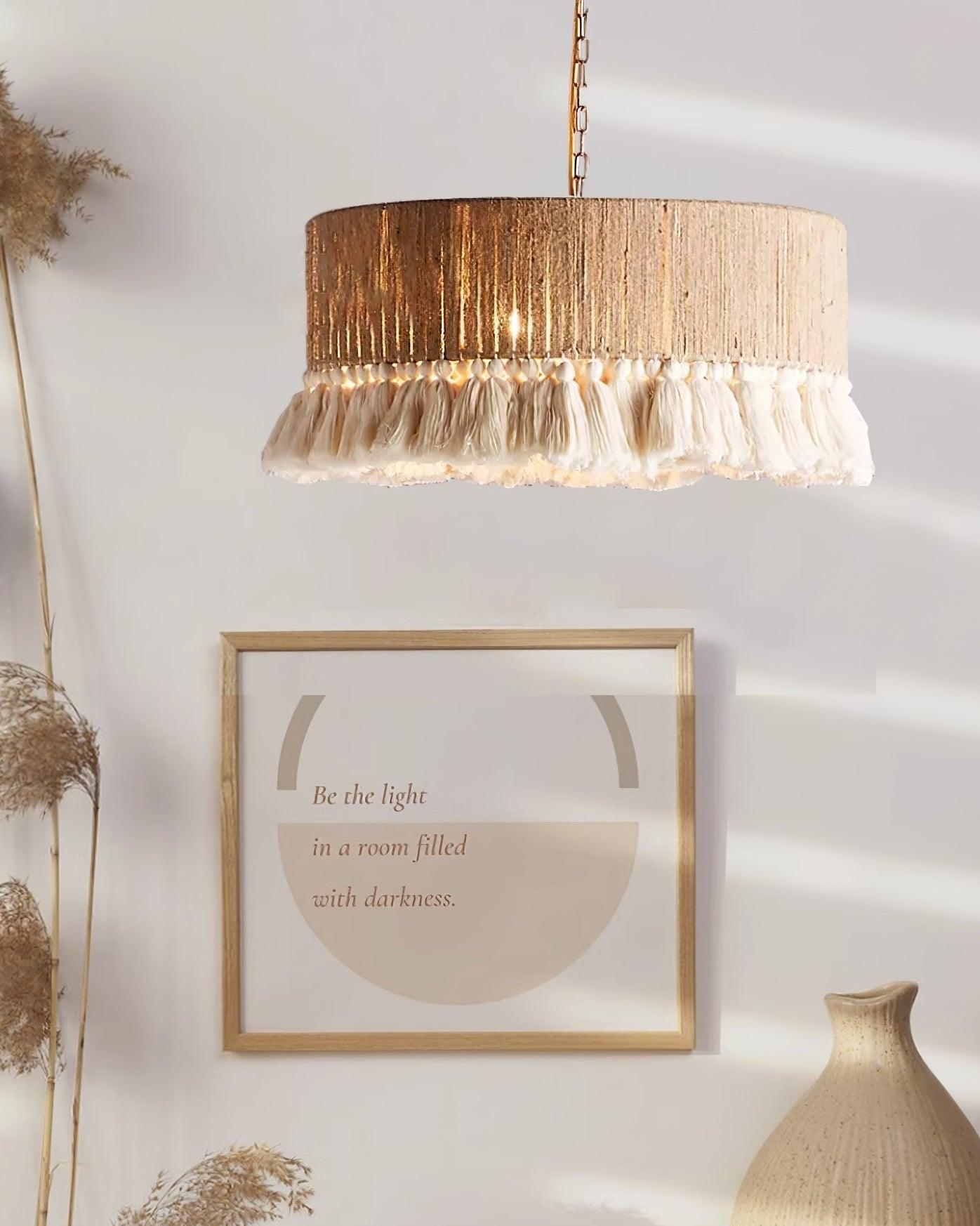 Pendant Lamp Cotton Yarn Shade Ruffled Fringe Boho Handmade - Lamp Copper