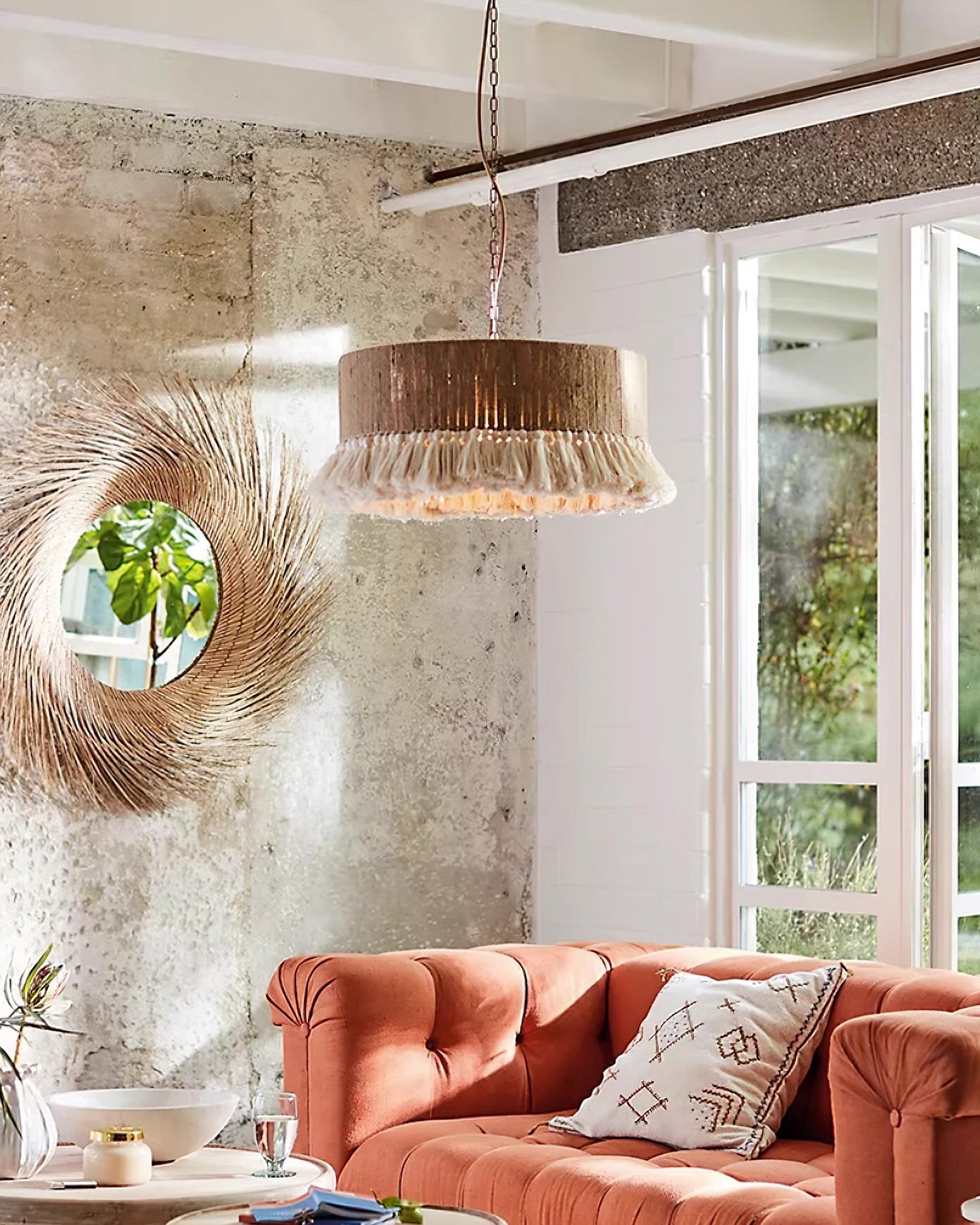 Pendant Lamp Cotton Yarn Shade Ruffled Fringe Boho Handmade - Lamp Copper