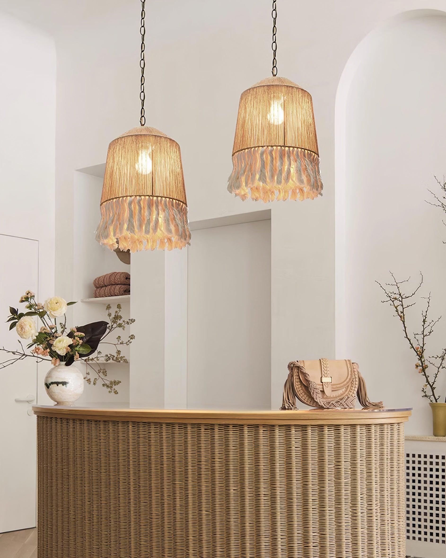 Pendant Lamp Cotton Yarn Shade Ruffled Fringe Boho Handmade - Lamp Copper