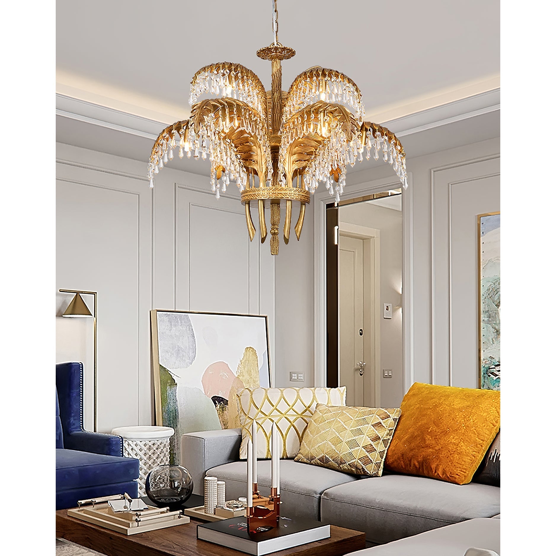Zenith Luxury Palm Leaf Brass Crystal Chandelier - Lamp Copper