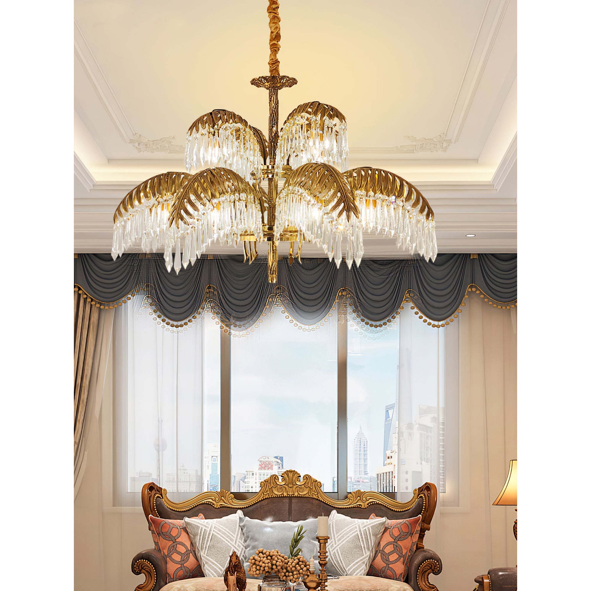 Zenith Luxury Palm Leaf Brass Crystal Chandelier - Lamp Copper