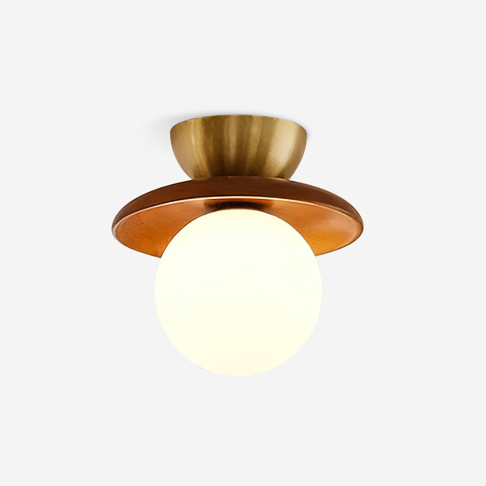 Ceiling Light Globe Opal Glass Modern Brass Walnut Accent Flush Mount - Lamp Copper