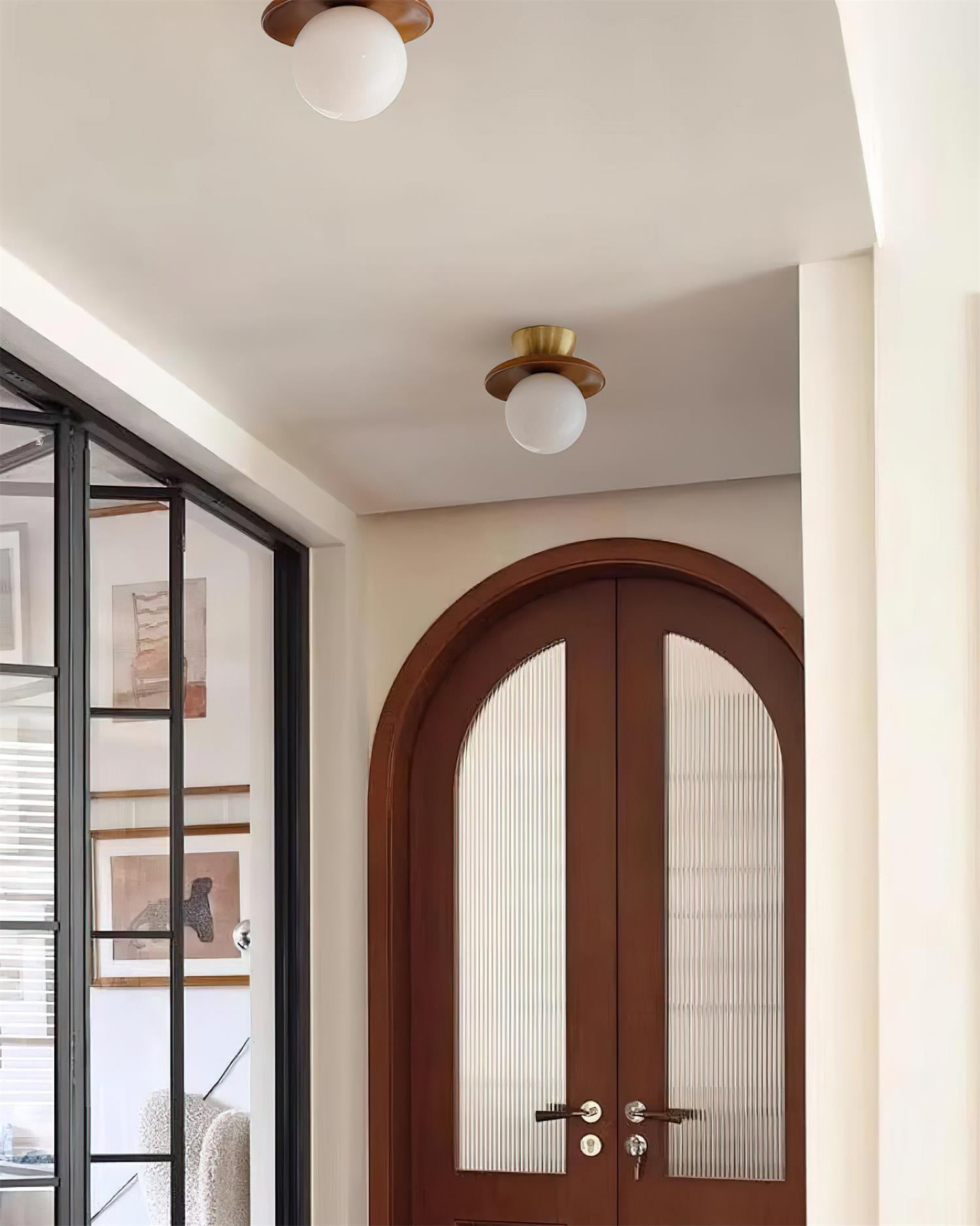 Ceiling Light Globe Opal Glass Modern Brass Walnut Accent Flush Mount - Lamp Copper