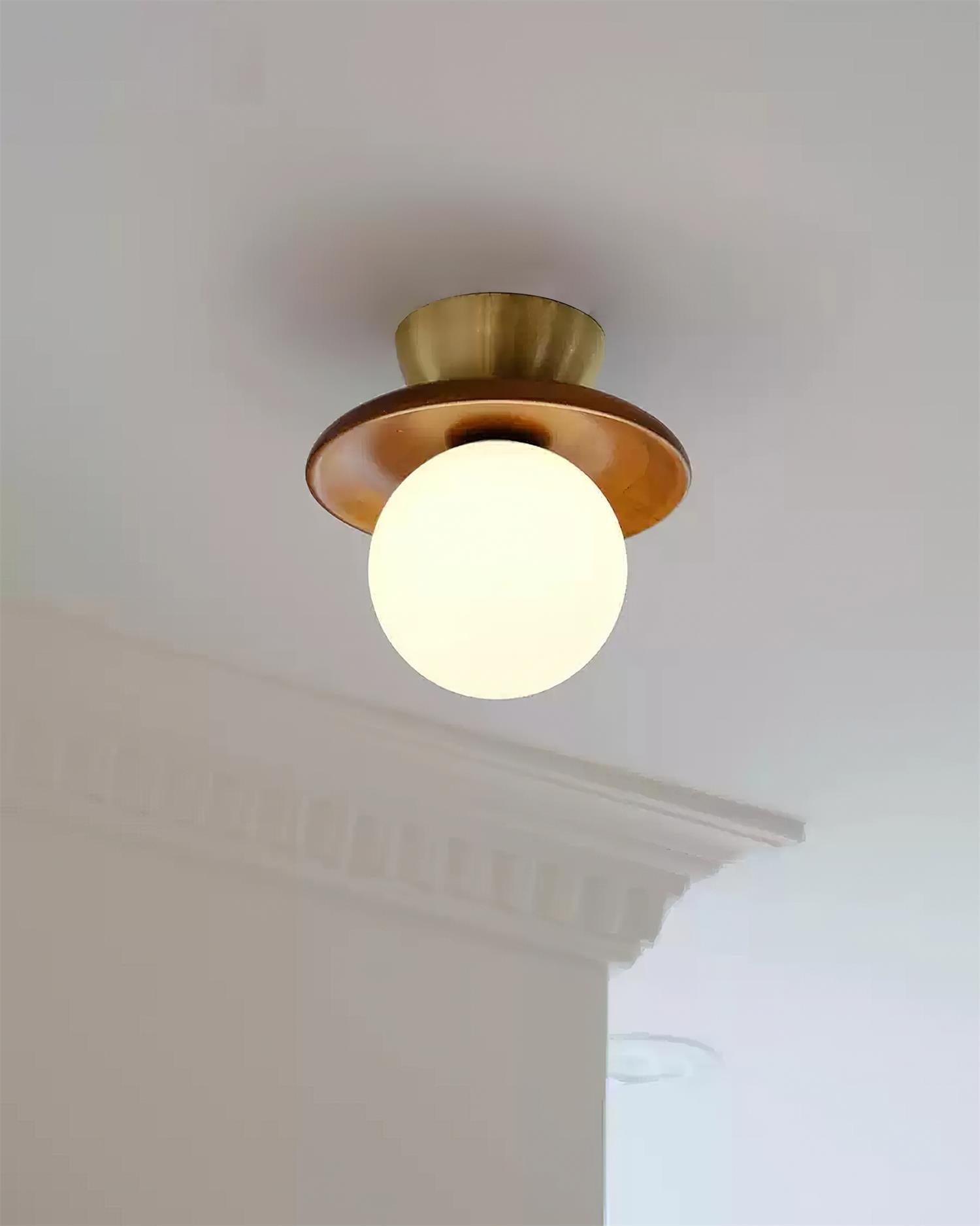 Ceiling Light Globe Opal Glass Modern Brass Walnut Accent Flush Mount - Lamp Copper