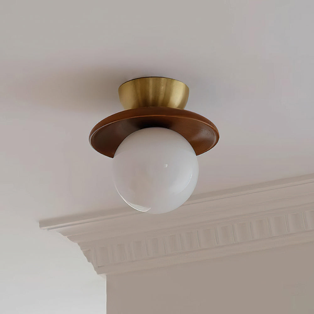 Ceiling Light Globe Opal Glass Modern Brass Walnut Accent Flush Mount - Lamp Copper