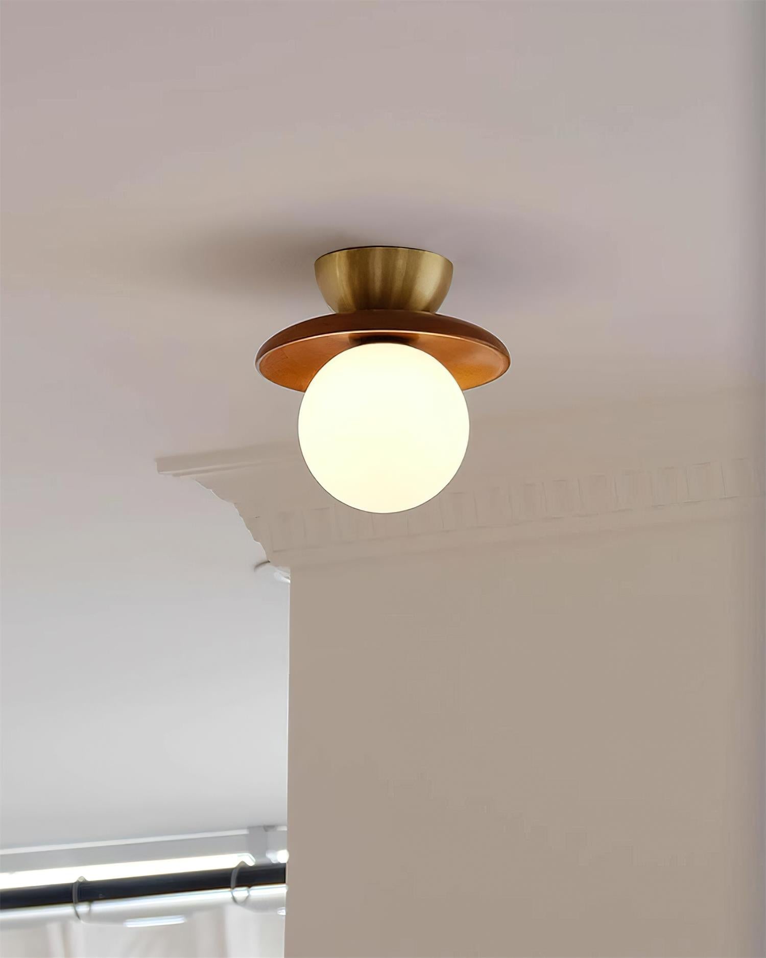 Ceiling Light Globe Opal Glass Modern Brass Walnut Accent Flush Mount - Lamp Copper