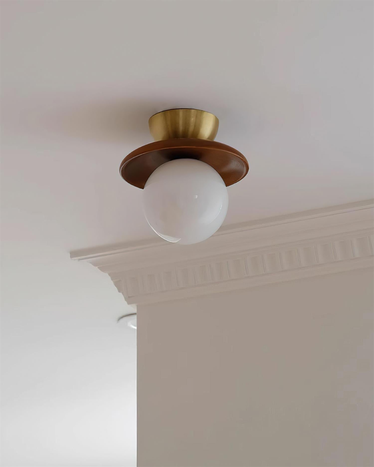 Ceiling Light Globe Opal Glass Modern Brass Walnut Accent Flush Mount - Lamp Copper