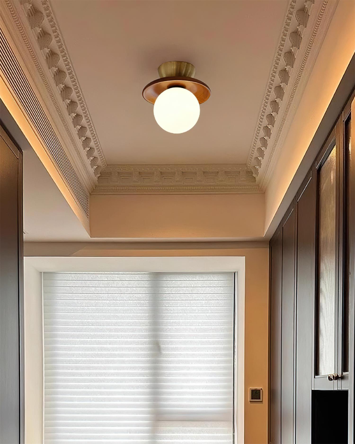 Ceiling Light Globe Opal Glass Modern Brass Walnut Accent Flush Mount - Lamp Copper