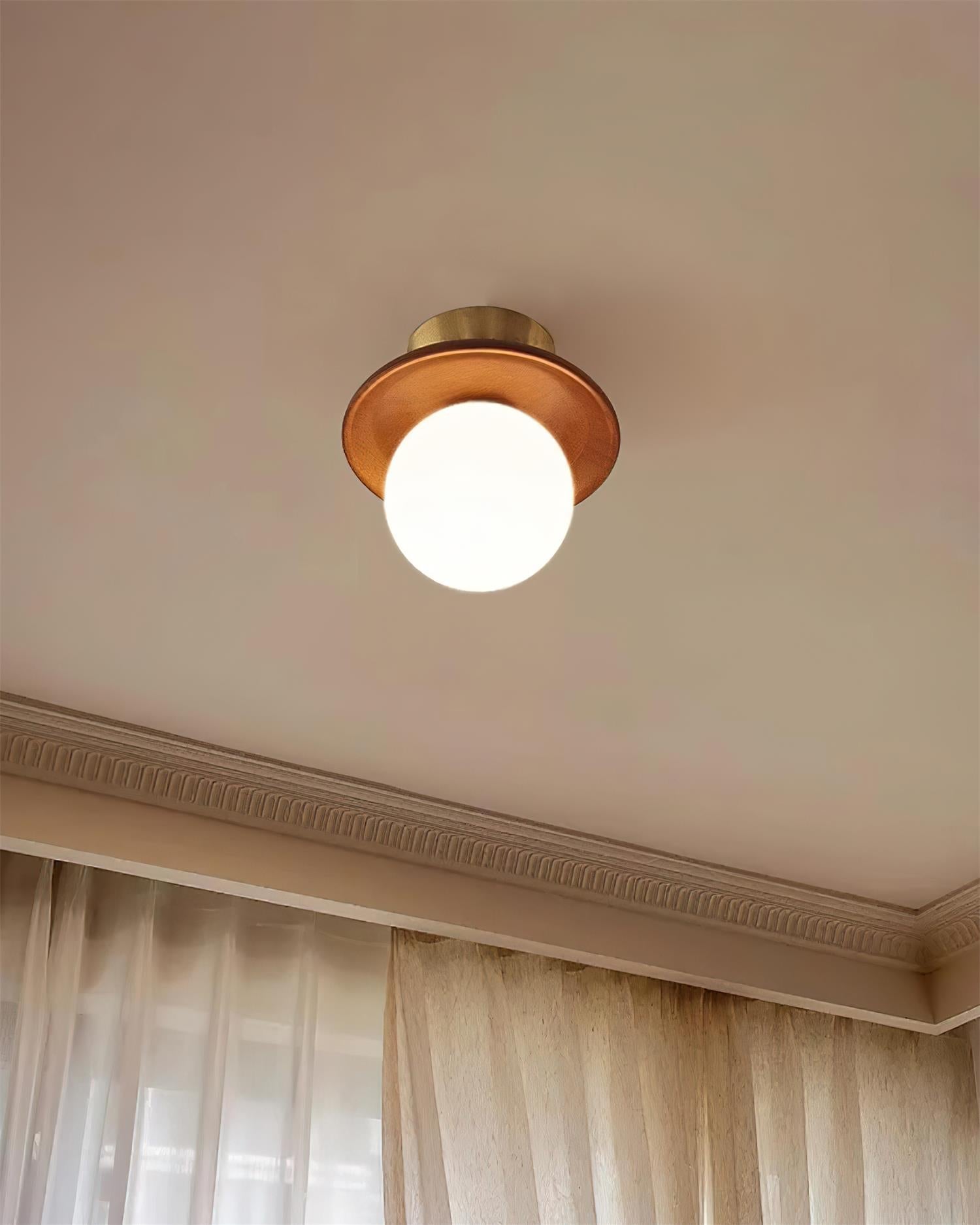 Ceiling Light Globe Opal Glass Modern Brass Walnut Accent Flush Mount - Lamp Copper