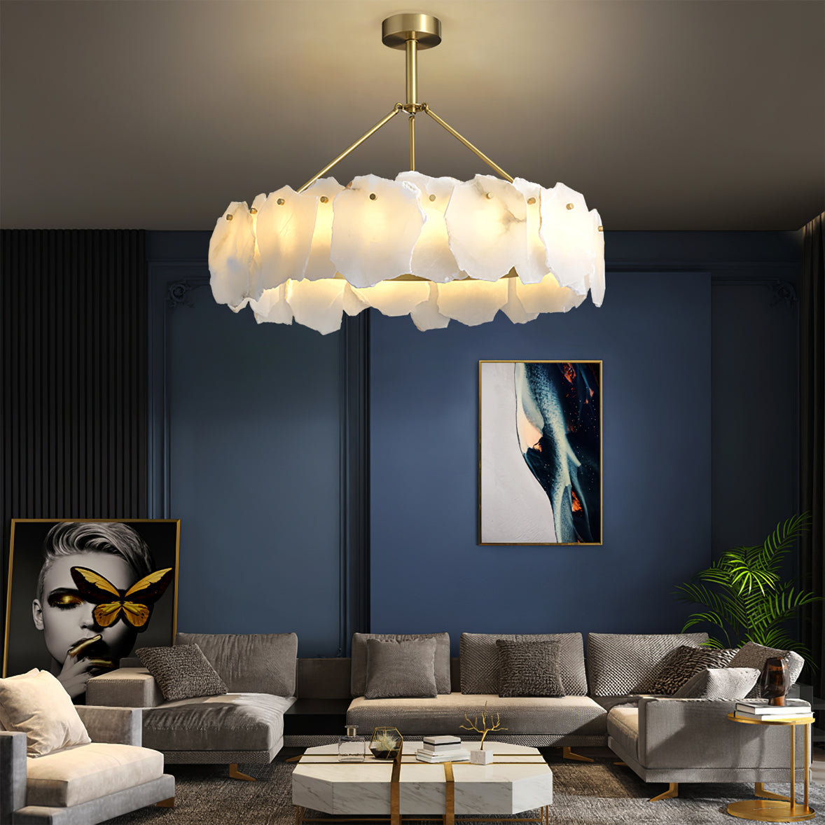 Burton Chandelier Alabaster Layered Halo - Lamp Copper