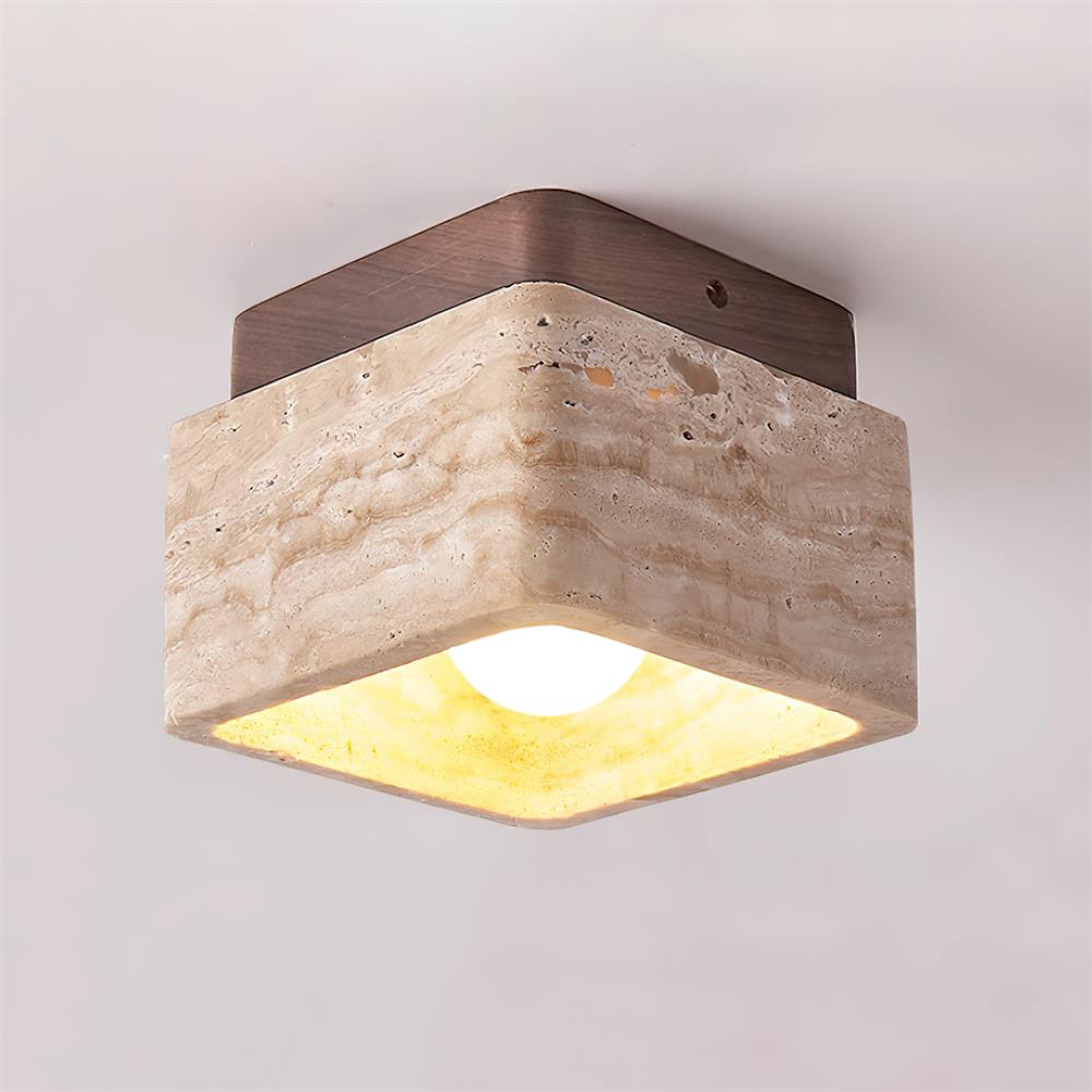 Vellin Travertine Square Flush Mount Ceiling Light - Lamp Copper