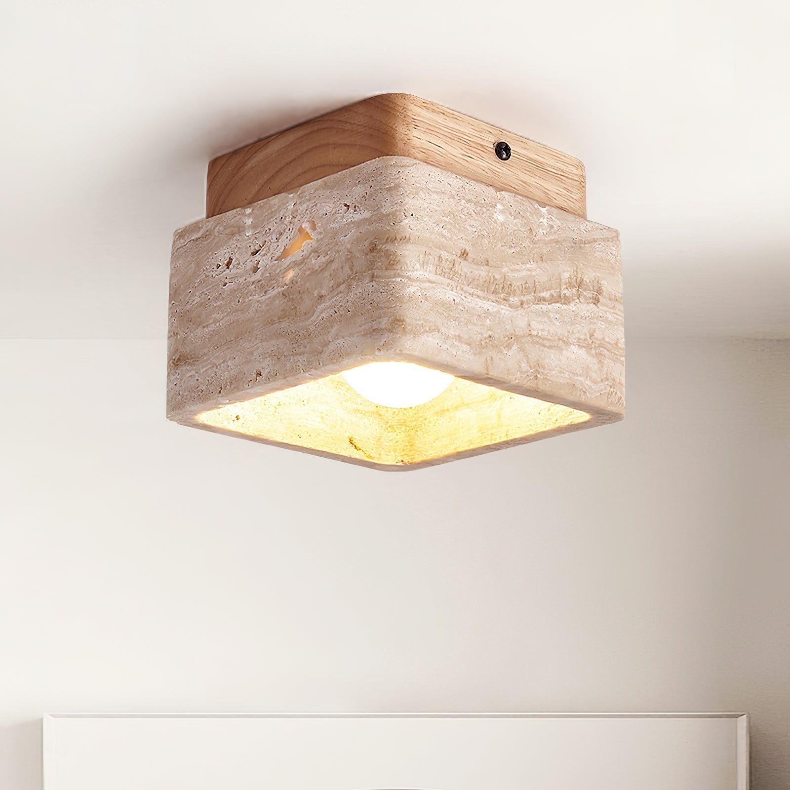 Vellin Travertine Square Flush Mount Ceiling Light - Lamp Copper