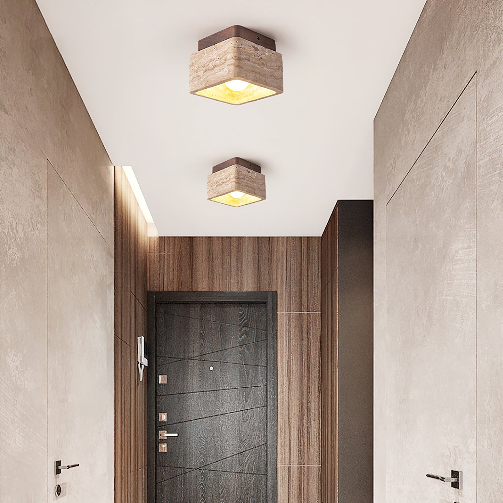 Vellin Travertine Square Flush Mount Ceiling Light - Lamp Copper