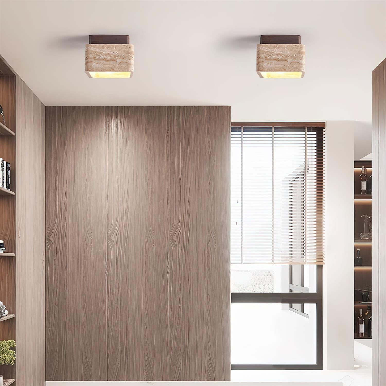 Vellin Travertine Square Flush Mount Ceiling Light - Lamp Copper