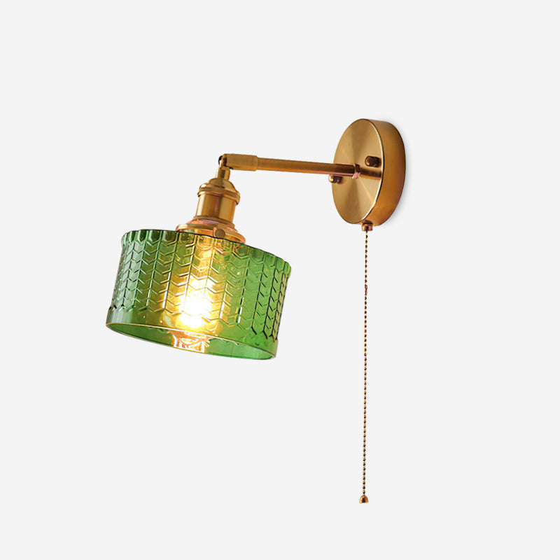 Wall Lamp Brass with Green/Clear Glass Shade and Pull Chain - Lamp Copper