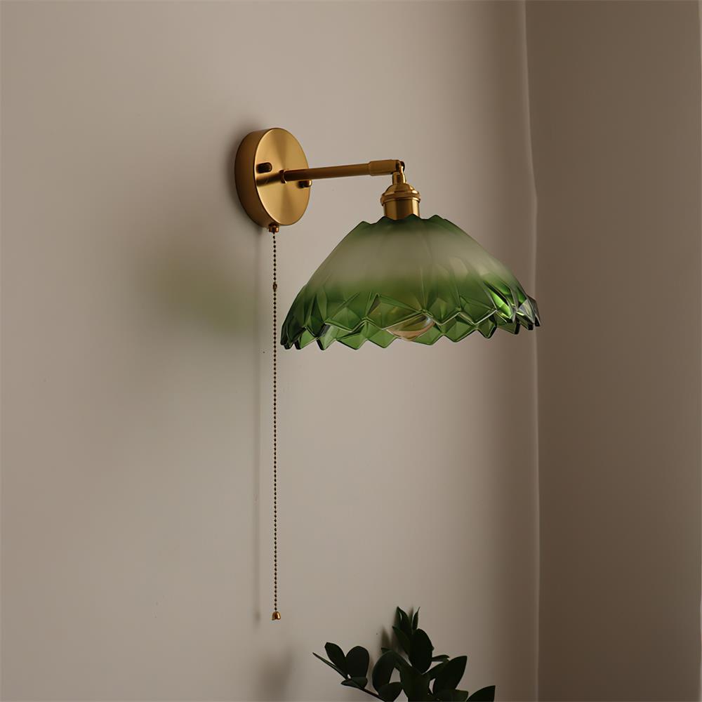 Wall Lamp Brass with Green/Clear Glass Shade and Pull Chain - Lamp Copper